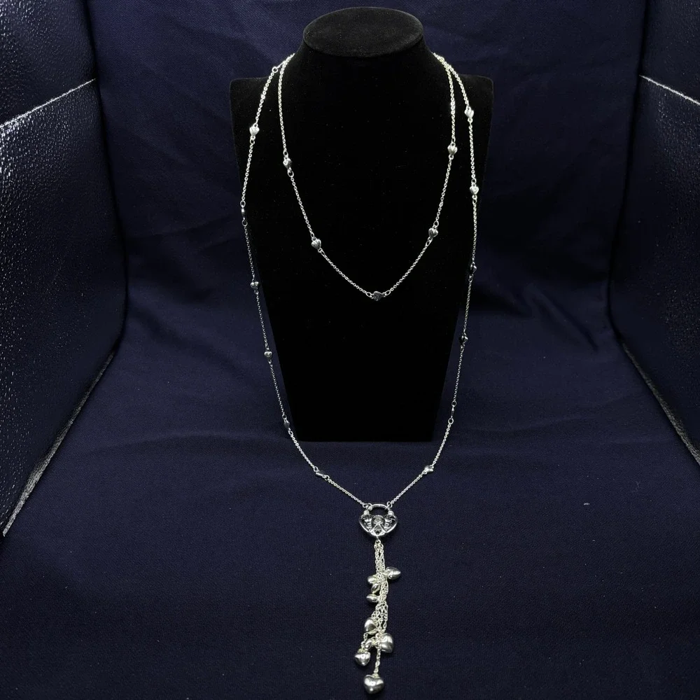 Candies Breaking‎ Hearts Silver Tone Long Station Necklace with Heart Tassel